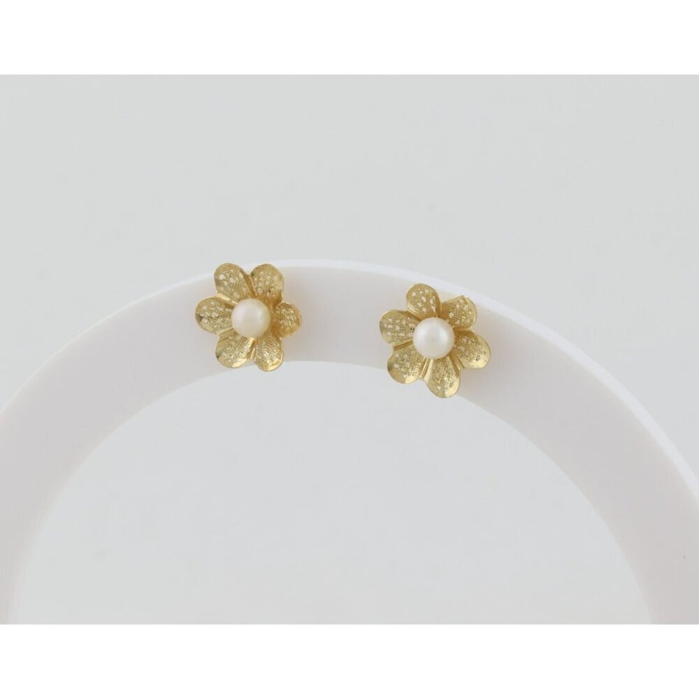 14k Yellow Gold Freshwater Seed Pearl Flower Earrings Stud Post 3/8" - Picture 7 of 7